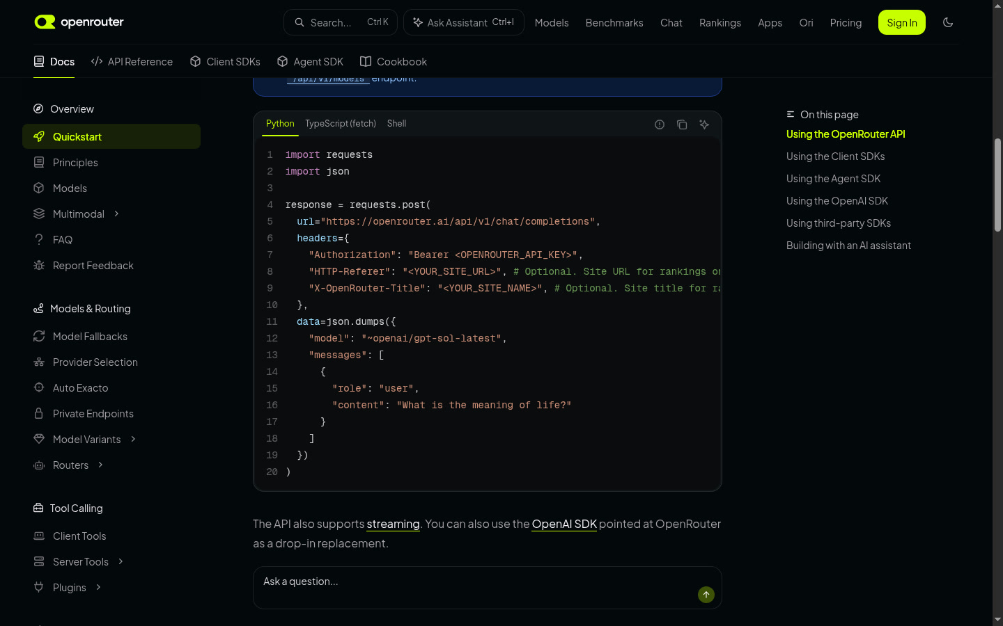 Пример запроса к OpenRouter в документации Quickstart