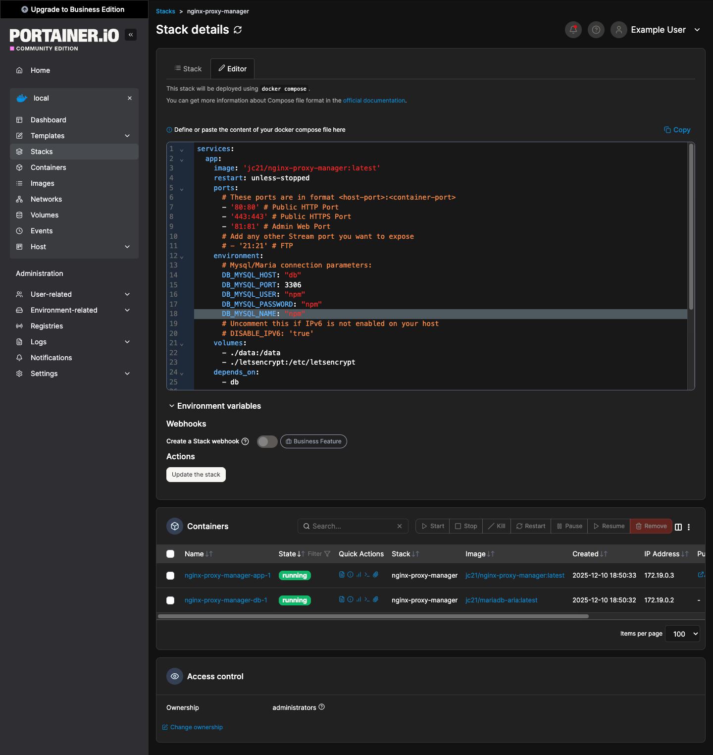 Редактор стеков в Portainer — вставка docker-compose.yml